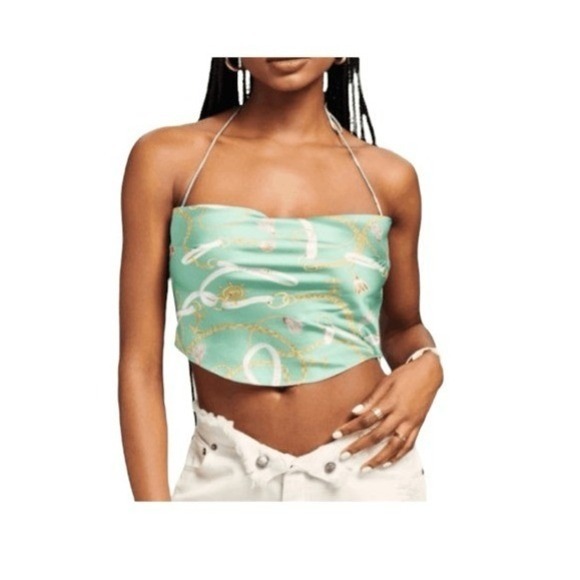 SER.O.YA Tops - SER.O.YA Ellison Nautical Print Silk Crop Top Green Halter Cowl Neck Sleeveless‎